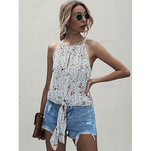 

Women's Holiday Weekend Floral Tank Top Camis Floral Leopard Sleeveless Lace up Print Round Neck Casual Streetwear Tops White Black S / 3D Print