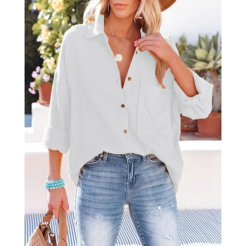 

Women's Blouse Plain Casual Weekend Blouse Shirt Long Sleeve Button Pocket Shirt Collar Streetwear Green White Blue S