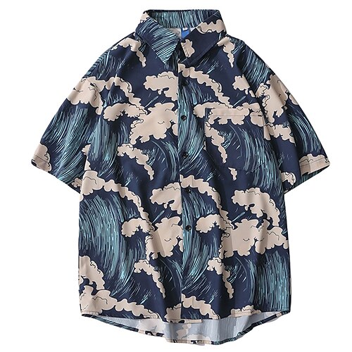 

Women's Casual Holiday Weekend Blouse Shirt Graphic Short Sleeve Pocket Button Print Shirt Collar Casual Hawaiian Beach Tops Navy Blue M / 3D Print