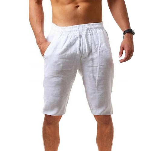 

Men's Cotton Linen Casual Classic Fit Short Hiking Sports Shorts Summer Drawstring Elastic Waist Comfy Short with Pockets Outdoor Lightweight Linen Trousers Bottoms White Black Climbing Running