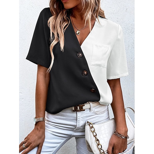 

Women's Shirt Color Block Short Sleeve Patchwork V Neck Tops Green Black Blue S