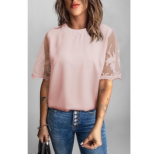

an n summer lace short-sleeved top female solid color casual chiffon shirt