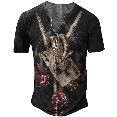 

Men's Henley Shirt Tee T shirt 3D Print Graphic Poker Plus Size Henley Daily Sports Button-Down Print Short Sleeve Tops Basic Casual Designer Big and Tall Black