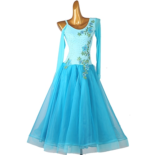 

Ballroom Dance Dress Rhinestone Embroidery Women's Training Performance Long Sleeve Spandex Organza