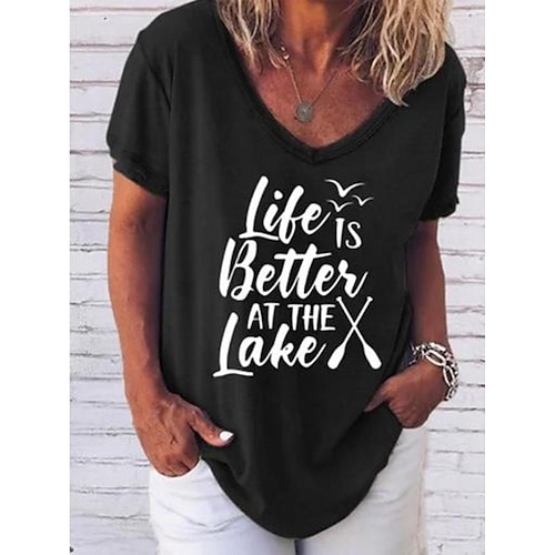 

Women's T shirt Tee Pink Grey Black Short Sleeve Casual Daily Basic Round Neck Regular Life is Better at the Lake S
