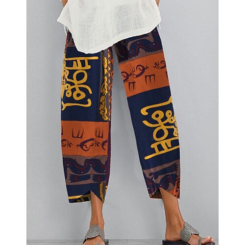 

Women's Chinos Pants Trousers Faux Linen Yellow Red Mid Waist Casual / Sporty Athleisure Casual Weekend Print Micro-elastic Ankle-Length Comfort Graphic S M L XL XXL / Loose Fit