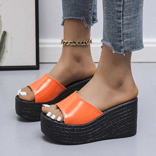 

Women's Mules Wedge Sandals Platform Sandals Wedge Heel Peep Toe Elegant Daily Walking Shoes PU Leather Loafer Spring Summer Solid Colored Green Yellow Fuchsia