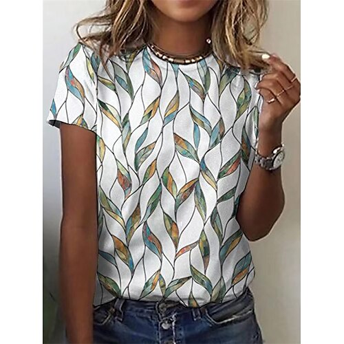 

Women's Casual Daily Floral T shirt Tee Plants Leaf Short Sleeve Print Round Neck Basic Tops White S / 3D Print