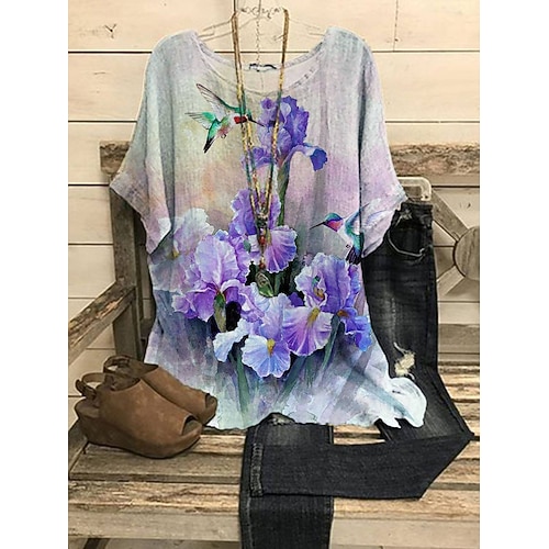 

Women's Casual Holiday Weekend Floral Blouse Henley Shirt Shirt Floral Short Sleeve Print Round Neck Casual Beach Tops Green Black Blue S / 3D Print