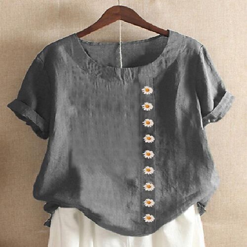 

Women's Plus Size Tops Blouse Shirt Graphic Floral Button Short Sleeve Round Neck Basic Daily Cotton Spring Summer Green Blue
