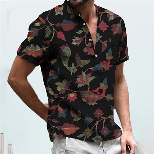 

Men's Shirt Print Floral V Neck Street Casual Button-Down Print Short Sleeve Tops Casual Fashion Designer Breathable Black
