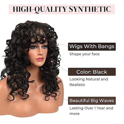 Curly Wig with Bangs for Women Long Black Kinky Wigs with Wispy Bangs Curly  Fringe Synthetic Wig for Daily Use Party Cosplay 2023 - US $