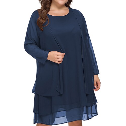 

Women's Plus Size Casual Dress Solid Color Crew Neck Mesh Long Sleeve Fall Winter Casual Knee Length Dress Daily Vacation Dress