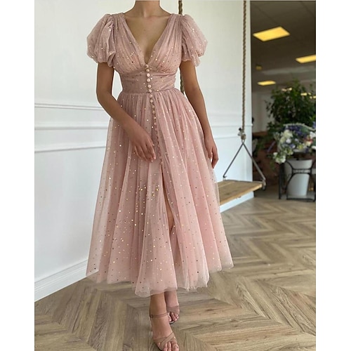 

A-Line Glittering Fairy Party Wear Engagement Dress V Neck Short Sleeve Ankle Length Tulle with Buttons Pleats Sequin 2022