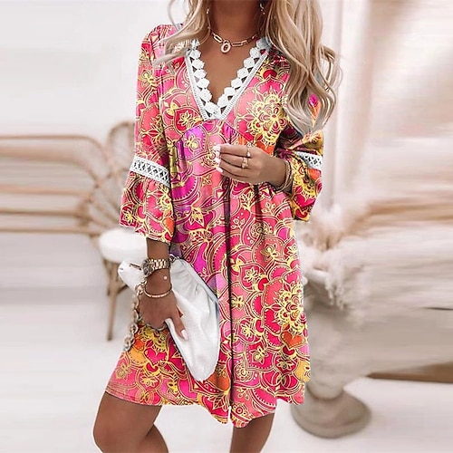 

Women's Shift Dress Boho Dress Midi Dress Green Blue Pink 3/4 Length Sleeve Floral Lace Winter Fall Autumn V Neck Weekend Loose Fit 2022 S M L XL 2XL 3XL