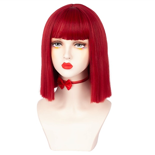 

Bob Wigs for Women Short Straight Bangs Red Wig Synthetic Hair Wigs 12 Inches Heat Resistant Colorful Cosplay Daily Party Wig with Bangs