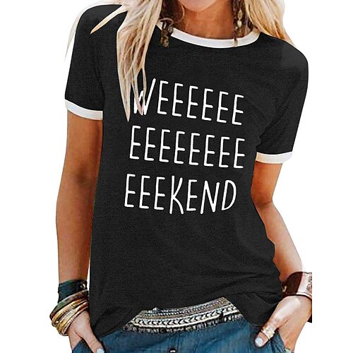 

Women's Casual Weekend Painting T shirt Tee Letter Short Sleeve Print Round Neck Basic Tops Black Blue Gray S