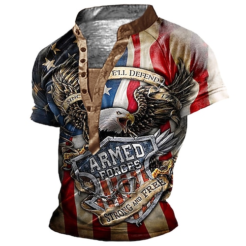 

Herren T Shirt Henley Shirt Tee Graphic Adler Nationalflagge Ständer Grün Blau Purpur Rote 3D-Druck Übergröße Outdoor Täglich Kurzarm Button-Down Bedruckt Bekleidung Basic Designer Casual Groß und