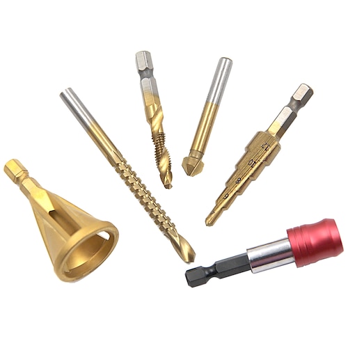 

Drilling Chamfering Tapping 6pc Transparent Plastic Box Sawtooth Woodworking Hole Opening Pagoda Drill Quick Release Rod Set