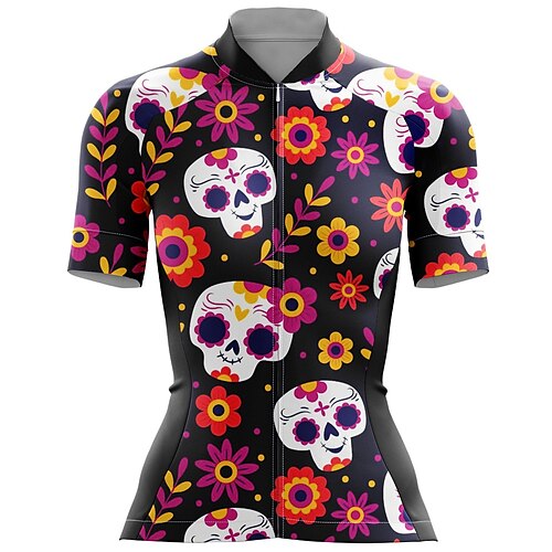 

21Grams Women's Cycling Jersey Short Sleeve Bike Top with 3 Rear Pockets Mountain Bike MTB Road Bike Cycling Breathable Quick Dry Moisture Wicking Reflective Strips Red Skull Floral Botanical