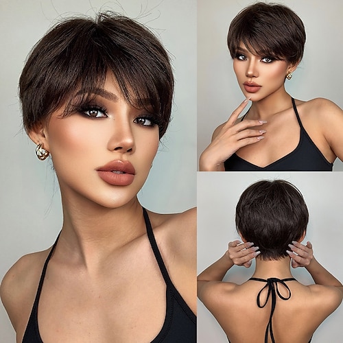 

Human Hair Blend Wig Straight With Bangs Light Brown Machine Made Burmese Hair All Chestnut Brown 10 inch Daily Wear