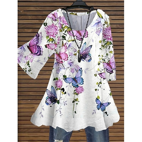 

Women's Plus Size Curve Tops Blouse Shirt Floral Butterfly Print 3/4 Length Sleeve Crewneck Streetwear Daily Holiday Cotton Spandex Jersey Spring Summer White Pink
