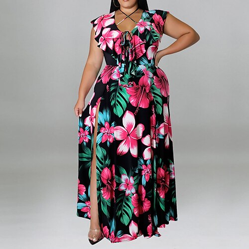 

Women's Plus Size Holiday Dress Floral V Neck Print Sleeveless Spring Summer Sexy Maxi long Dress Daily Back to School Dress