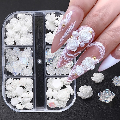 

3D White Aurora Camellia Nail Art Jewelry Acrylic Resin Flowers Design Elegant Wedding Charms Accessories Rhinestone Decor