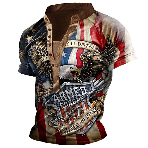 

Men's Henley Shirt T shirt Tee 3D Print Graphic Eagle National Flag Stand Collar Street Casual Button-Down Print Short Sleeve Tops Basic Fashion Classic Comfortable Brown
