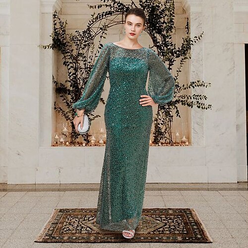 

Sheath / Column Mother of the Bride Dress Elegant Sparkle & Shine Jewel Neck Floor Length Lace Sequined Long Sleeve with Beading Sequin 2022