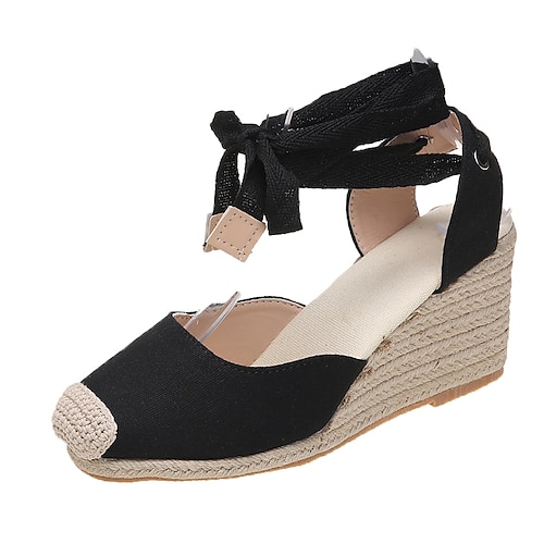 

Women's Sandals Lace Up Sandals Strappy Sandals Wedge Sandals Summer Wedge Heel Round Toe Canvas Lace-up Solid Colored Black Red Beige