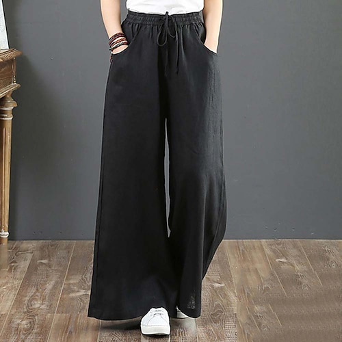 

Women's Culottes Wide Leg Chinos Pants Trousers Baggy Faux Linen Black White Army Green Mid Waist Fashion Casual Weekend Side Pockets Micro-elastic Full Length Comfort Plain S M L XL XXL