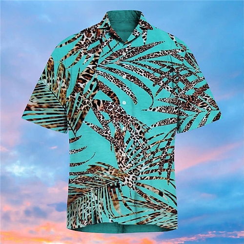 

Hombre Camisa Leopardo Hojas Cuello Vuelto Azul Piscina Print Exterior Calle Manga Corta Abotonar Estampado Ropa Moda Design Casual Hawaiano / Verano / Primavera / Verano