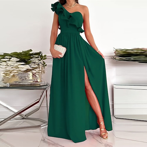 

Women's A Line Dress Maxi long Dress Green White Black Wine Khaki Red Sleeveless Pure Color Split Ruffle Cold Shoulder Spring Summer One Shoulder Party Stylish Elegant 2022 S M L XL XXL / Party Dress