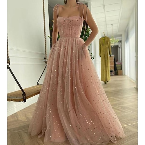 

A-Line Prom Dresses Glittering Dress Engagement Floor Length Sleeveless Spaghetti Strap Tulle with Pleats Sequin 2022