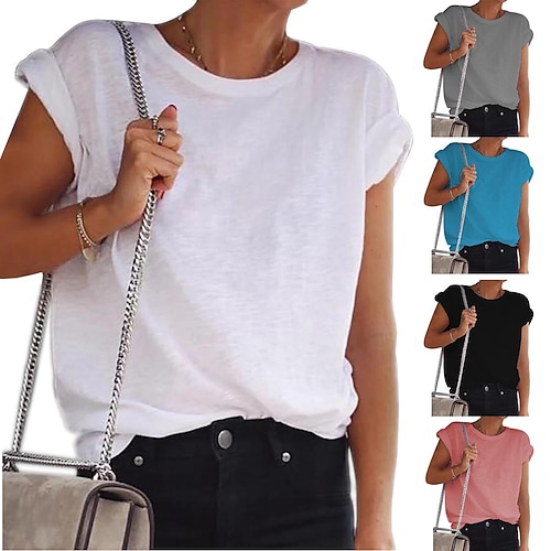 

Women's Summer Bamboo Solid Color Round Neck Short Sleeve Casual White Black Pink Gray Lake Blue T-shirt 2022 S M L XL 2XL 3XL