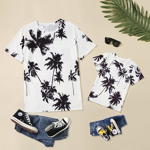 

Mommy and Me T shirt Coconut Tree Daily Print White Short Sleeve Active Matching Outfits