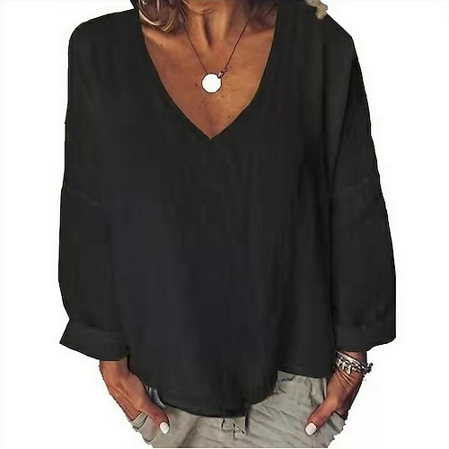 

Mujer Blusa Negro Blanco Amarillo Plano Manga 3/4 Diario Deportes Ropa de calle Festival Escote en Pico Regular Algodón L