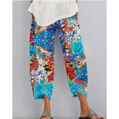 

Women's Chinos Pants Trousers Faux Linen Blue Mid Waist Casual / Sporty Athleisure Casual Weekend Print Micro-elastic Ankle-Length Comfort Graphic S M L XL XXL / Loose Fit