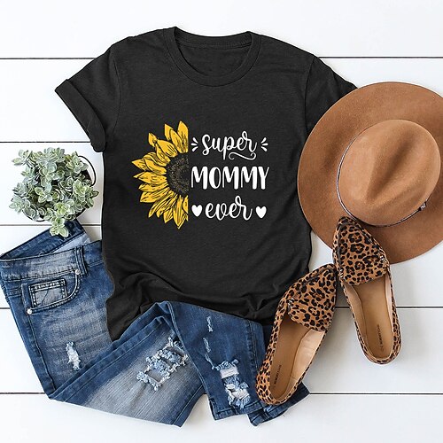 

Women's Casual Weekend Floral Painting T shirt Tee Text Sunflower Short Sleeve Print Round Neck Basic Tops White Black Purple S