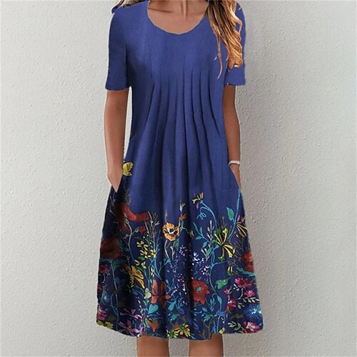 

Women's Casual Dress Floral Dress Midi Dress Blue Light Green Light Blue Short Sleeve Floral Pocket Spring Summer Crew Neck Loose Fit 2022 S M L XL XXL