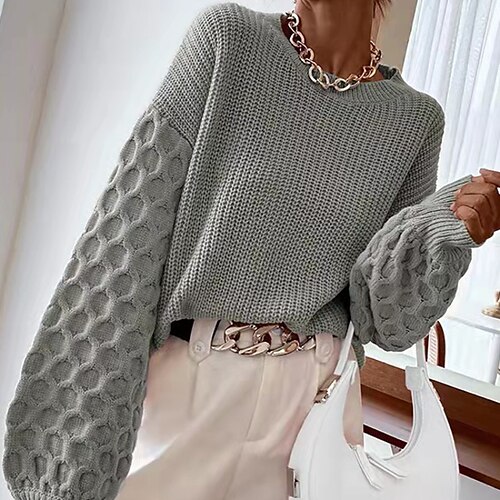 

Women's Pullover Sweater jumper Jumper Ribbed Crochet Knit Knitted Pure Color Crew Neck Stylish Casual Outdoor Daily Drop Shoulder Spring Summer Pink Red One-Size / Long Sleeve / Holiday / Going out