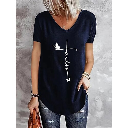 

Women's T shirt Tee Green Blue Black Letter Print Short Sleeve Casual Daily Basic V Neck Regular Loose Fit S