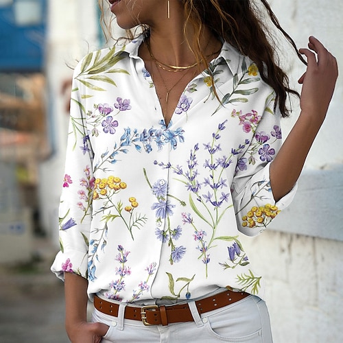 

Mulheres Camisa Social Blusa Preto Branco Roxo Gráfico Floral Botão Imprimir Manga Longa Feriado Roupa de rua Elegante Casual Colarinho de Camisa Padrão Tema Flores S