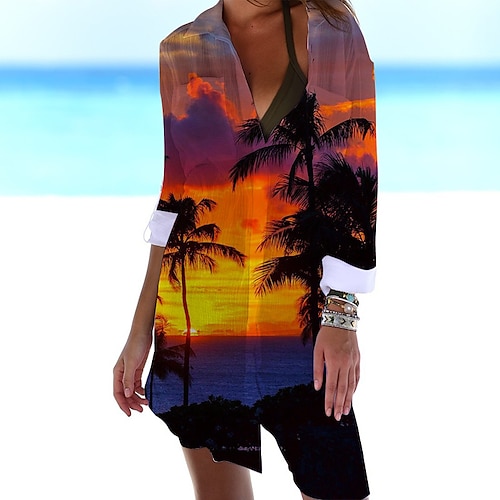 

Mujer Camisa Blusa Amarillo Azul Piscina Naranja Árbol 3D Bolsillo Estampado Manga Larga Diario Festivos Ropa de calle Hawaiano Casual Cuello Camisero Largo Flor S