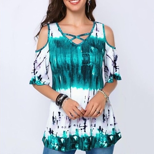 

Women's Casual Weekend Abstract Painting T shirt Tee Tie Dye Short Sleeve Cold Shoulder Print V Neck Basic Tops Green Blue Purple S / 3D Print