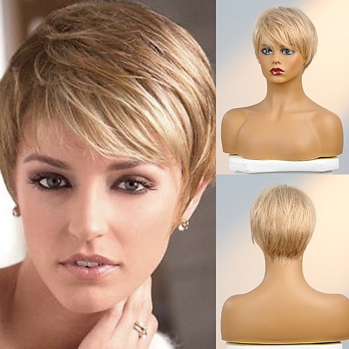 

Human Hair Blend Wig Short Natural Straight Pixie Cut Side Part Layered Haircut Asymmetrical Blonde Black White Cosplay Curler & straightener Natural Hairline Capless Brazilian Hair Women's All