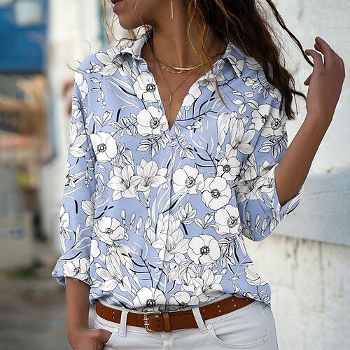 

Mujer Camisa Blusa Rosa Azul Piscina Morado Floral Botón Estampado Manga Larga Diario Fin de semana Ropa de calle Casual Cuello Camisero Regular Flor S