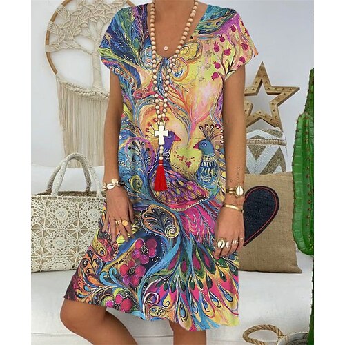 

Mulheres Vestido casual Vestido de turno Azul Manga Curta Floral Imprimir Primavera Verão Decote V Ajuste Largo 2022 S M L XL XXL 3XL