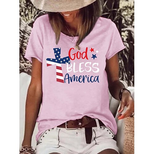 

Women's Casual Weekend Independence Day Painting T shirt Tee Text American Flag Short Sleeve Print Round Neck Basic Tops Green White Blue S